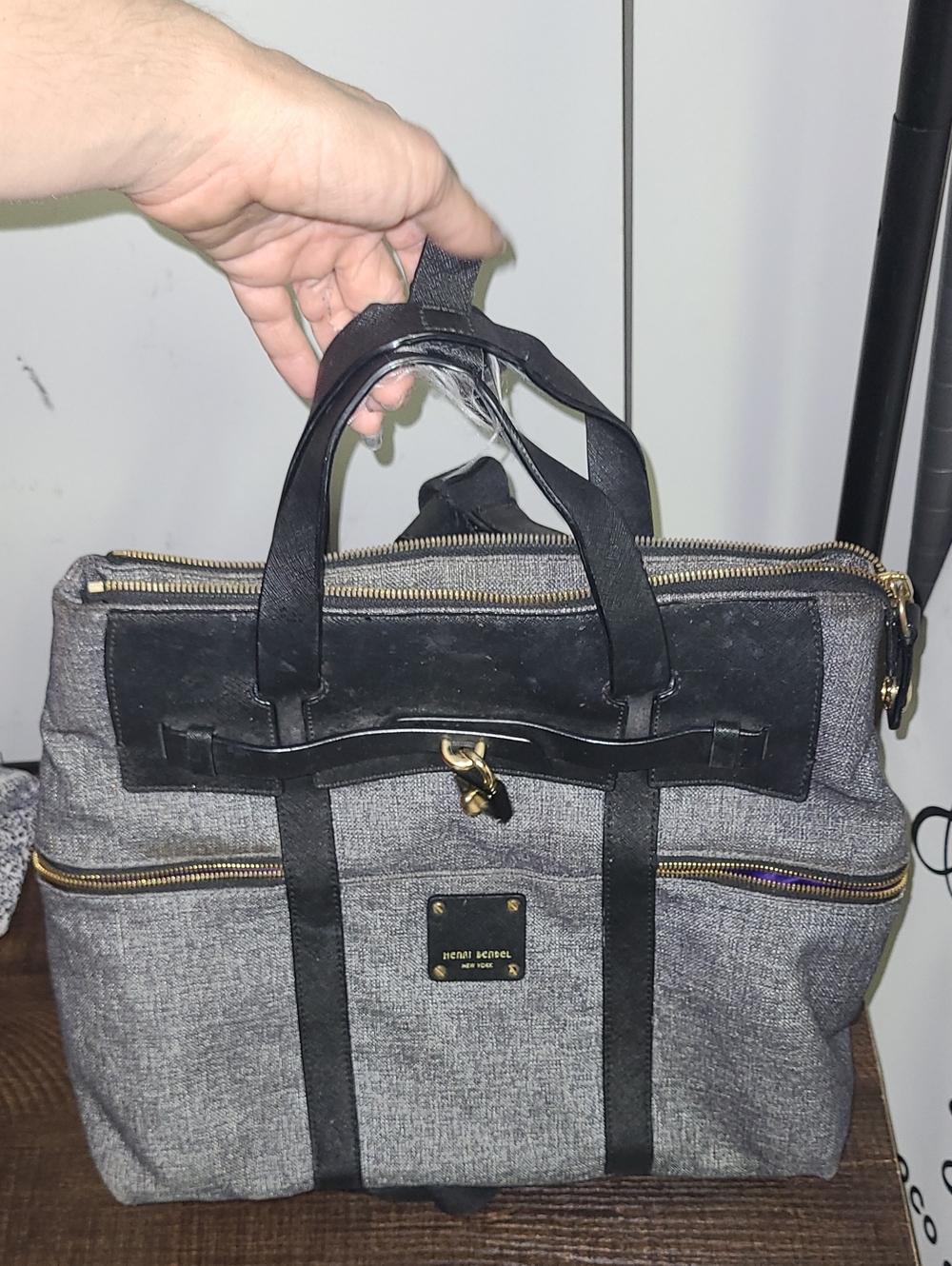 henri bendel Gray and Black Backpack Tote with Gold Hardware